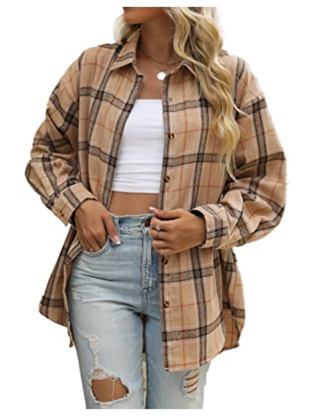 Womens Button Down Flannel Shirt Long Sleeve Plaid Shacket Oversized Fit